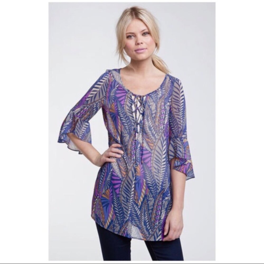 Hinge Purple Chiffon 3/4 Sleeve Summer Ferns Lace-Up Tunic/Cover-Up